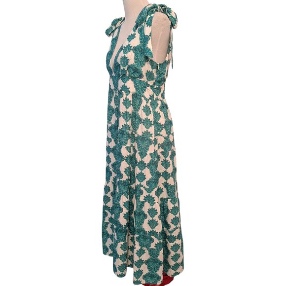 House Of Harlow Womens Size L Green Printed V-Neck Tie Straps Ruffles Maxi Dress - Picture 3 of 10
